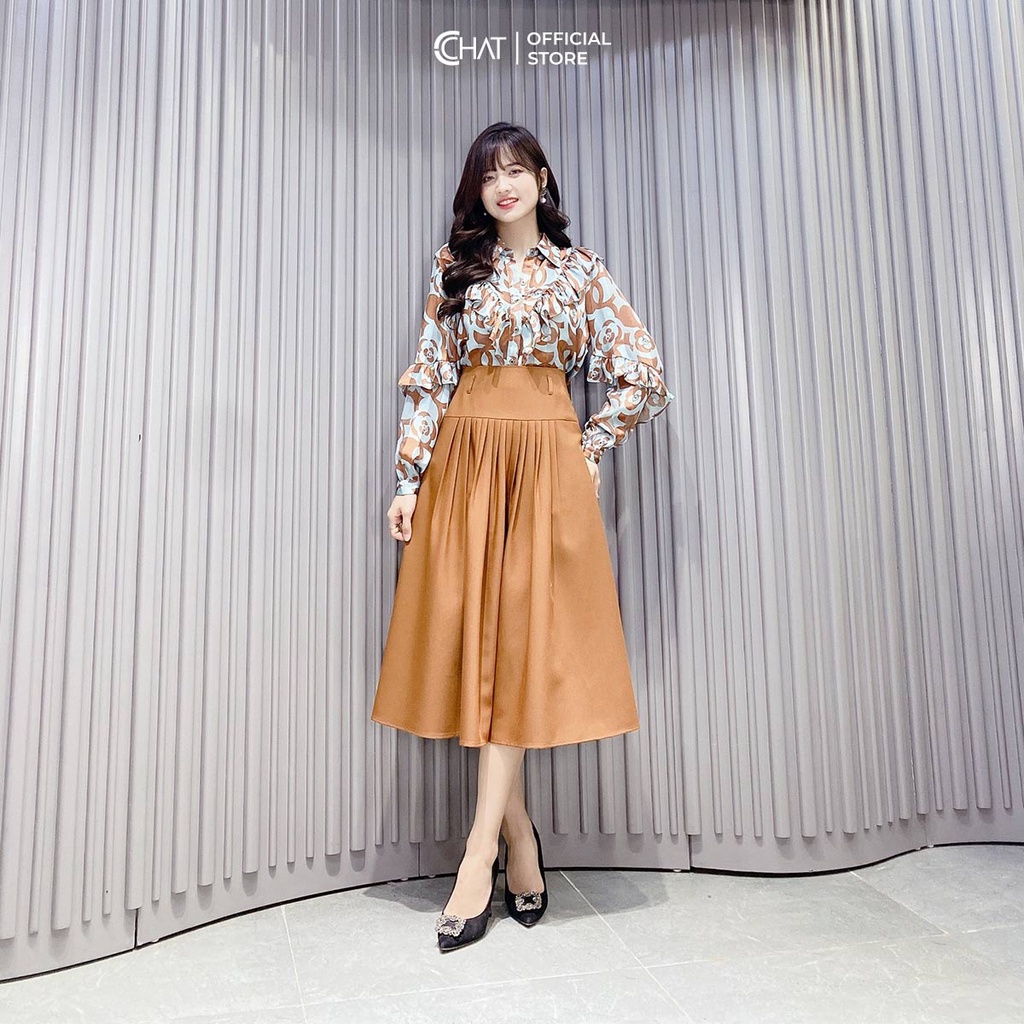 Áo Sơ Mi Nữ 𝐂𝐂𝐇𝐀𝐓 Họa Tiết Kiểu Cổ Mở V Bèo Tay Phong Cách Trẻ Trung Thanh Lịch 12FDV5024ST