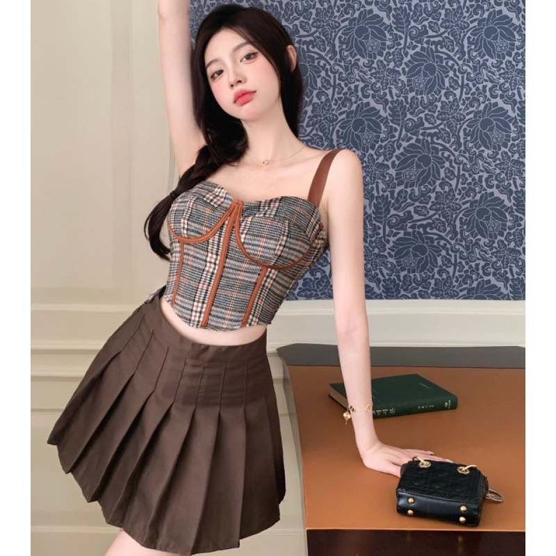 Áo Lửng Họa Tiết Caro Phong Cách Retro Thời Trang Mùa Hè Cho Nữ