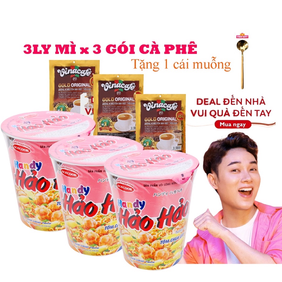 Combo 3 ly Mì Handy Hảo Hảo tôm chua cay ly 67g và 3 gói Cà phê sữa VinaCafé Gold Original