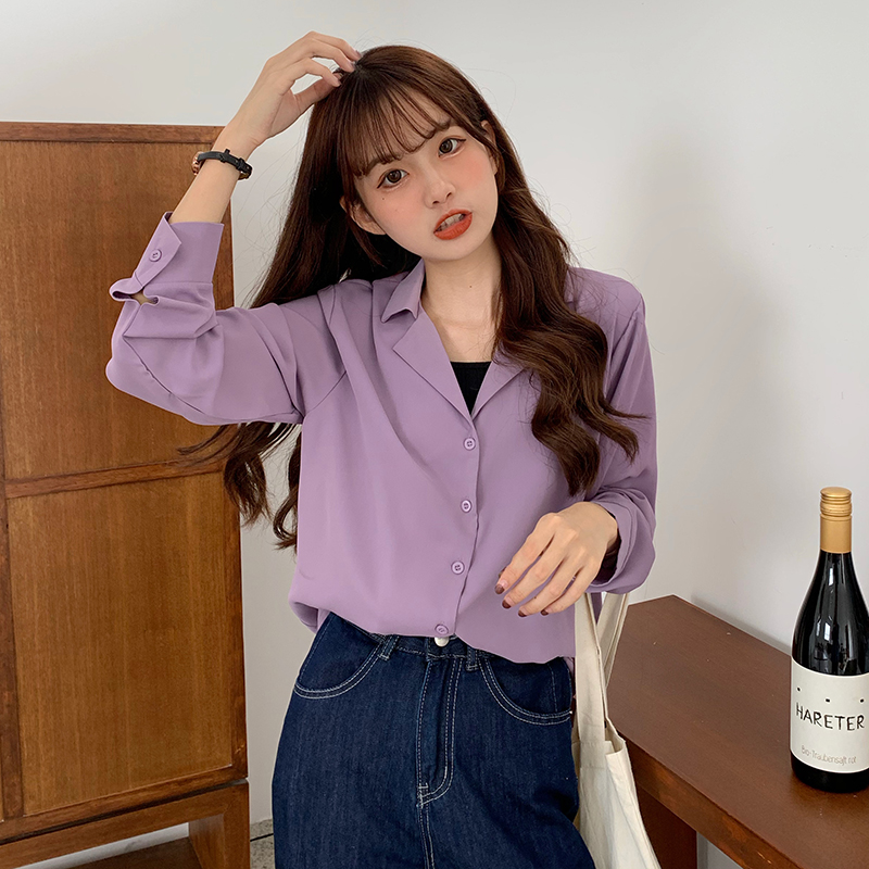 SUXI Áo Sơ Mi Tay Dài Màu Trơn Cổ Bẻ Thời Trang Mùa Thu Cho Nữ