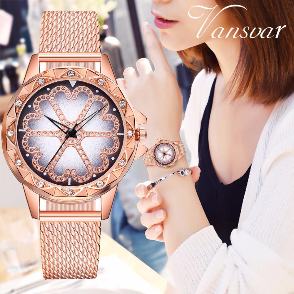 Đồng hồ đeo tay máy Quartz mặt hình tròn thiết kế bông hoa đính đá sang trọng cho nữ