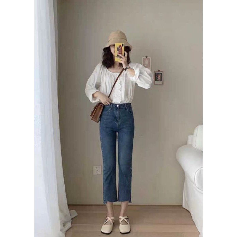 Áo babydoll cổ tròn phối bèo vintage tiểu thư