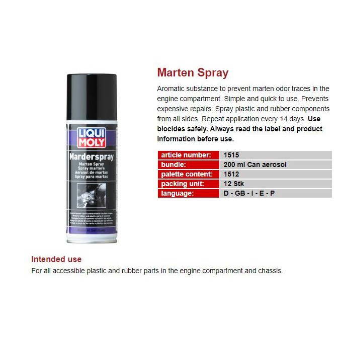 CHAI XỊT CHỐNG CHUỘT - ĐUỔI CHUỘT CHO XE Ô TÔ - XE MÁY LIQUI MOLY MARTEN SPRAY 1515 (200ML)Lehienshop