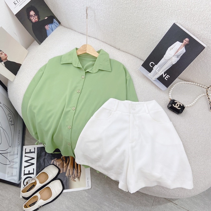 Set áo sơmi lụa xanh kèm quần sort MT