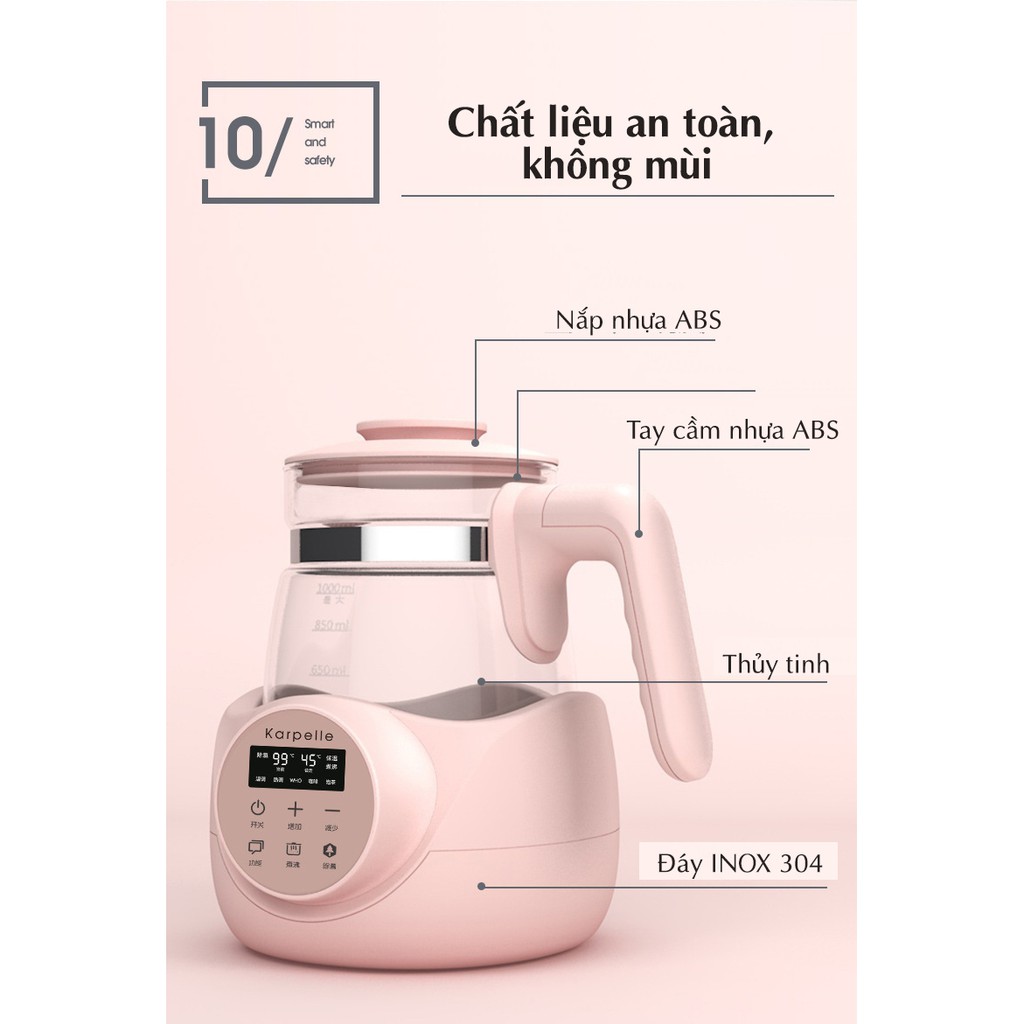 Bình đun nước pha sữa đa năng Karpelle (Anh) 1300mL , điều chỉnh nhiệt độ, khử Clo và tạp chất trong nước, giữ ấm