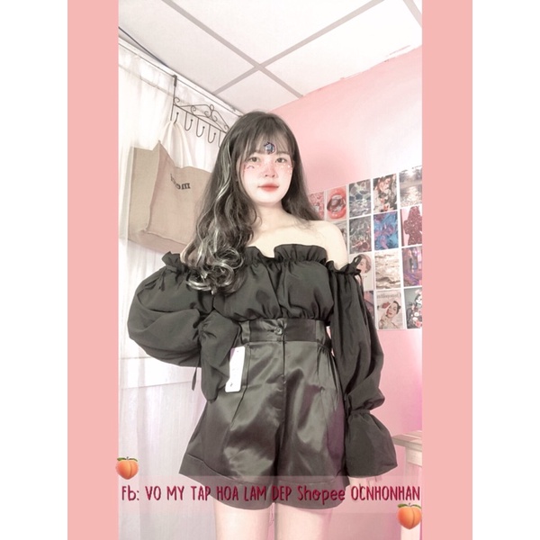 Set áo bẹt vai tay cột nơ + quần short