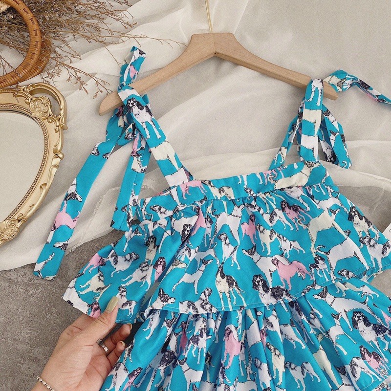 Đầm 2 dây tầng hoạ tiết sặc sỡ