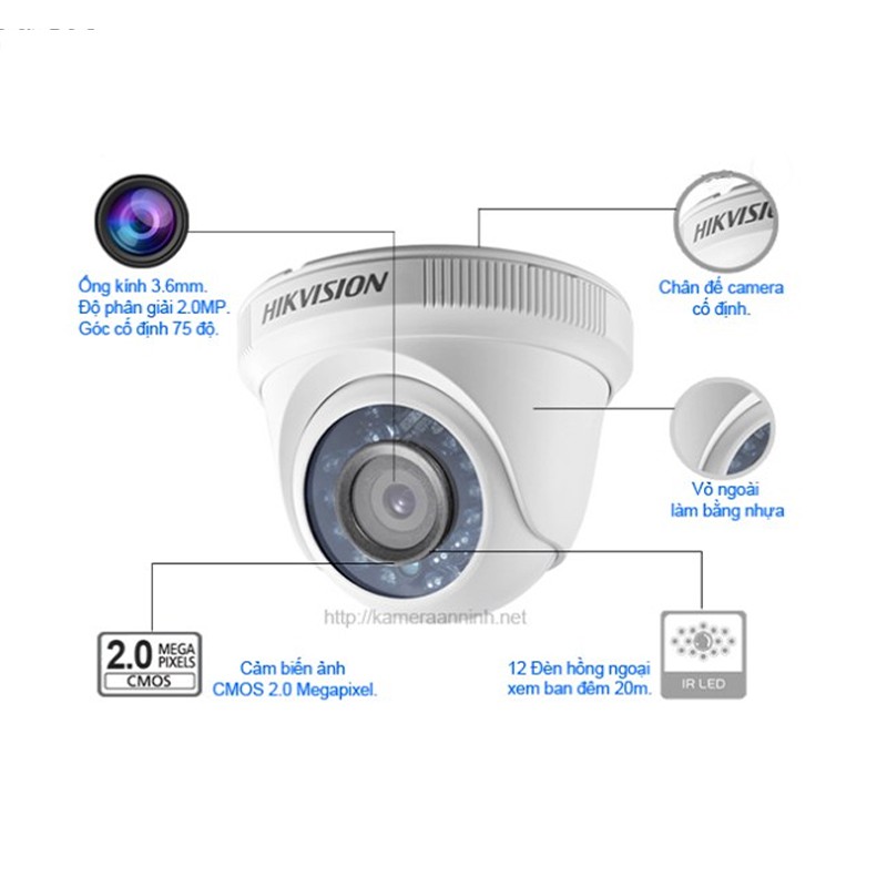 Camera Thân TVI Hikvision DS-2CE 56D0T-IRP (2.0MP) hồng ngoại 20M chống ngược sáng DWDR - Hàng chính hãng BH24TH