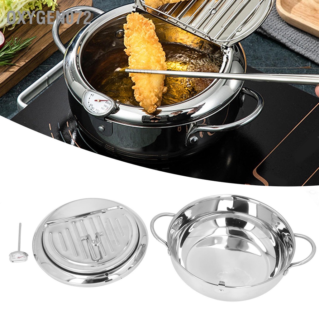 Oxygen072 Nồi chiên không gỉ Tempura nhỏ của Nhật Bản sâu bằng thép có ngăn thoát dầu kiểm soát nhiệt độ cho cá gà kiểu Pháp