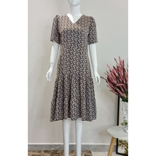 Đầm lụa cao cấp 2 tầng dáng xòe hoa nhí trắng trung niên-K3- Đầm Nga Dương
