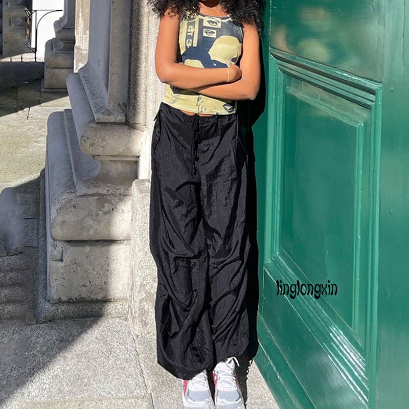 Linglongxi2-harajuku Quần Baggy Y2K Phối Túi Phong Cách Hip Hop Vintage Hàn Quốc