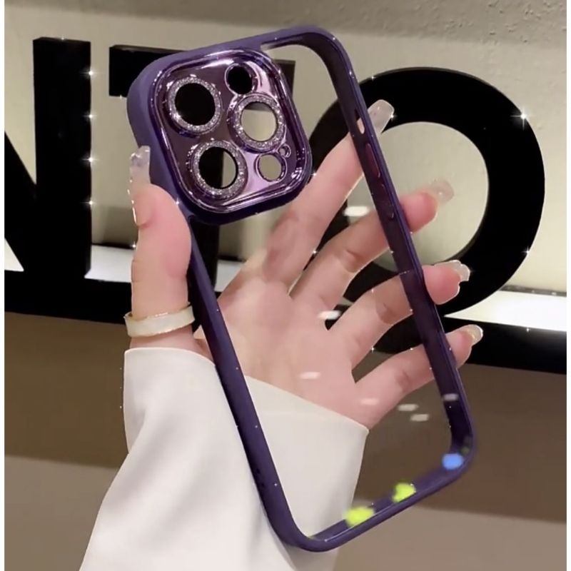 Ốp lưng kính trong viền màu bảo vệ camera gắn đá nhũ cho iPhone 14 , 14 pro,14 plus ,14 pro max,13Pro Max MI RUY (1)