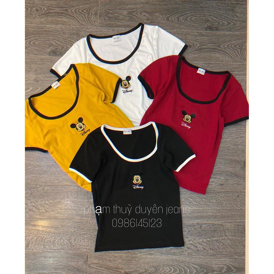 áo thun nữ thêu mickey chậy viền cổ viền tay chất zip cotton đẹp