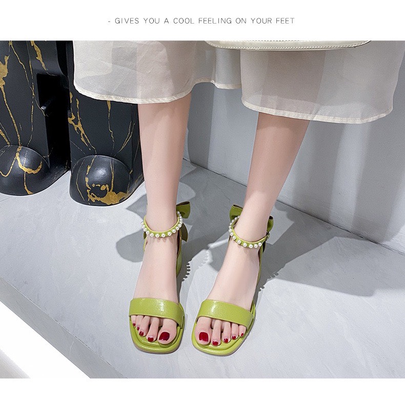 Sandal cao gót cho nữ đính nơ công chúa siêu xinh gót vuông phong cách Hàn Quốc (A53)