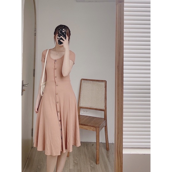 Váy cộc tay cotton tăm cúc dọc