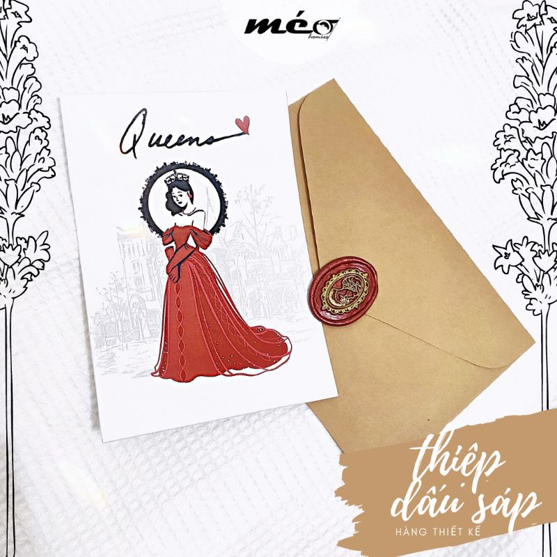 THIỆP dấu sáp hàng thiết kế QUEEN kèm phong thư Kraft kiểu Vintage làm quà tặng, thư mời nữ hoàng