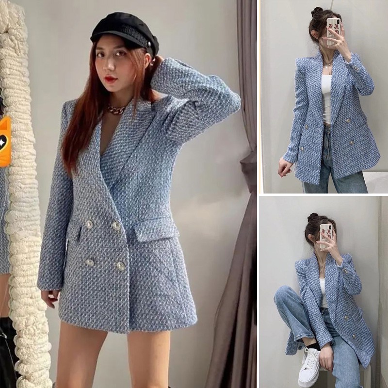 ÁO VEST VẢI DỆT DÁNG BLAZER VẠT ĐẮP CHÉO MÀU XANH - 8741/725