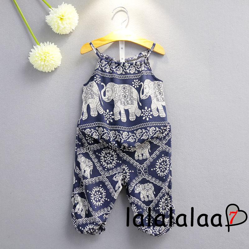 Bộ quần dài + áo thun mùa hè với họa tiết in hình con voi dùng cho bé gái