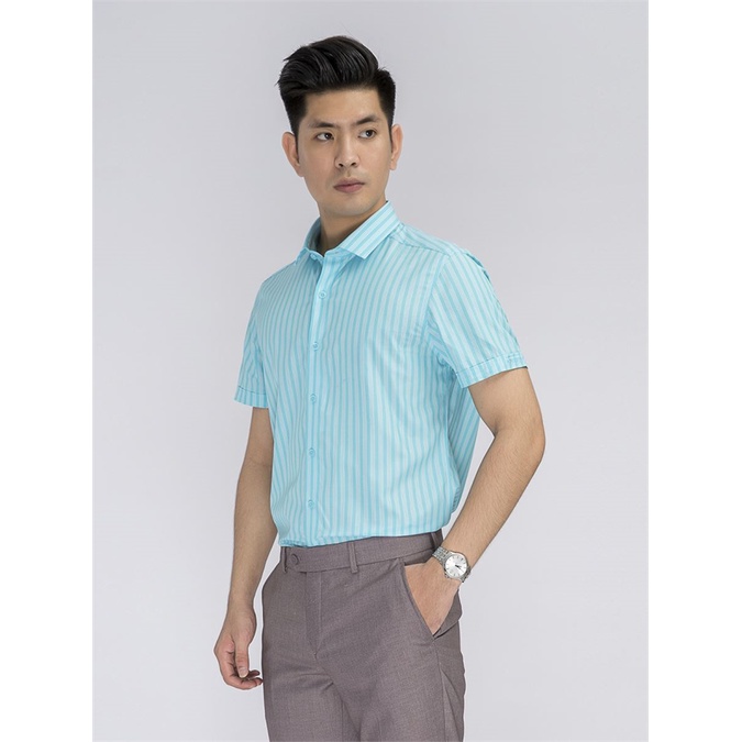 Áo sơ mi nam ngắn tay ARISTINO ASS044S8 màu xanh ngọc sọc dọc, chất modal sợi sồi, dáng slimfit, tà lượn