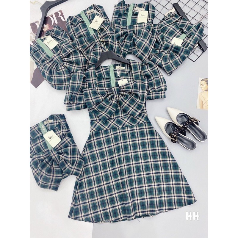 Váy A Nơ Ngực Xoè Caro Xanh , TONGKHOCHITUE | BigBuy360 - bigbuy360.vn