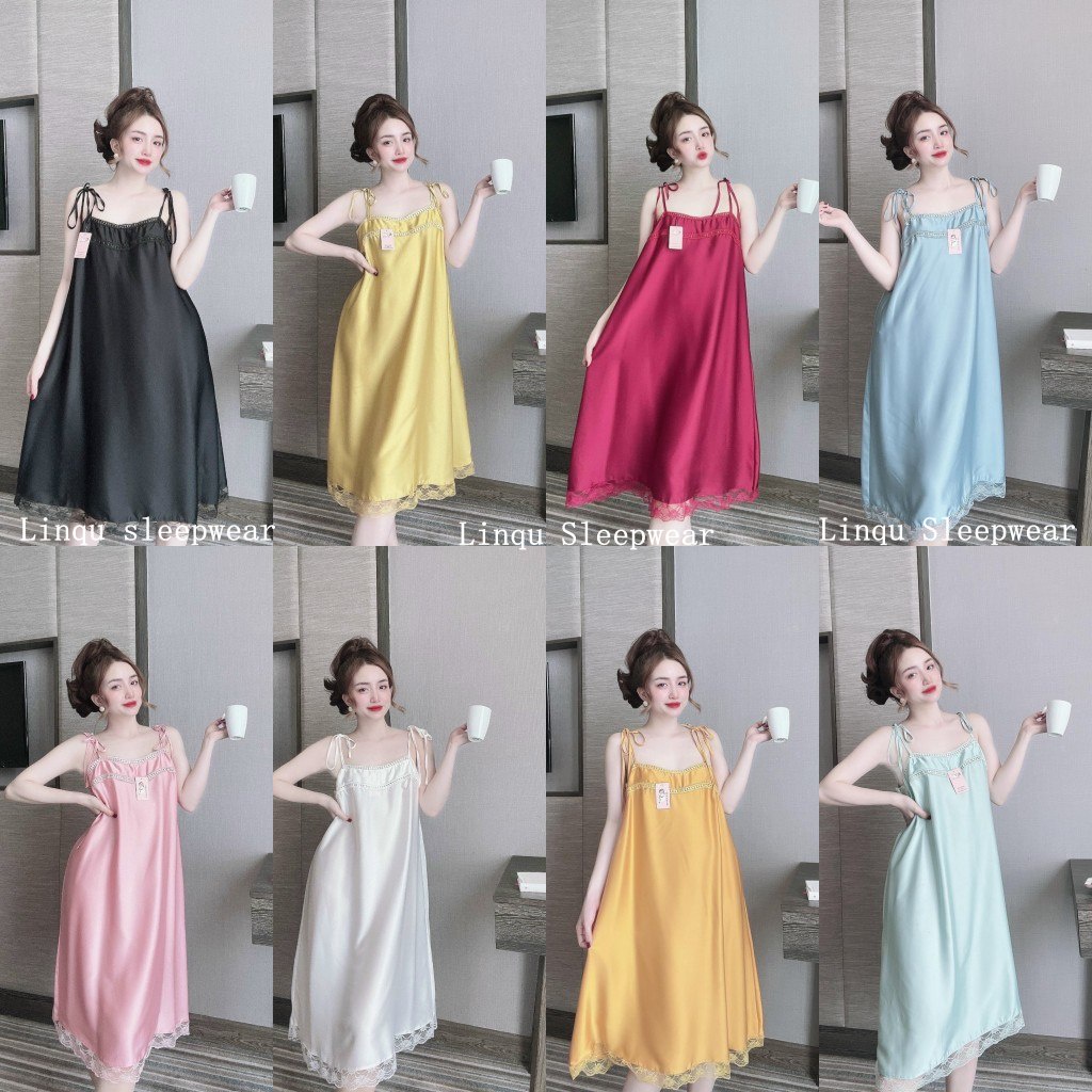 Váy Ngủ Sexy - Váy Ngủ 2 Dây Sexy Chất Satin Phối Ren mềm mát kèm quần Freesize - Linqu Sleepwear