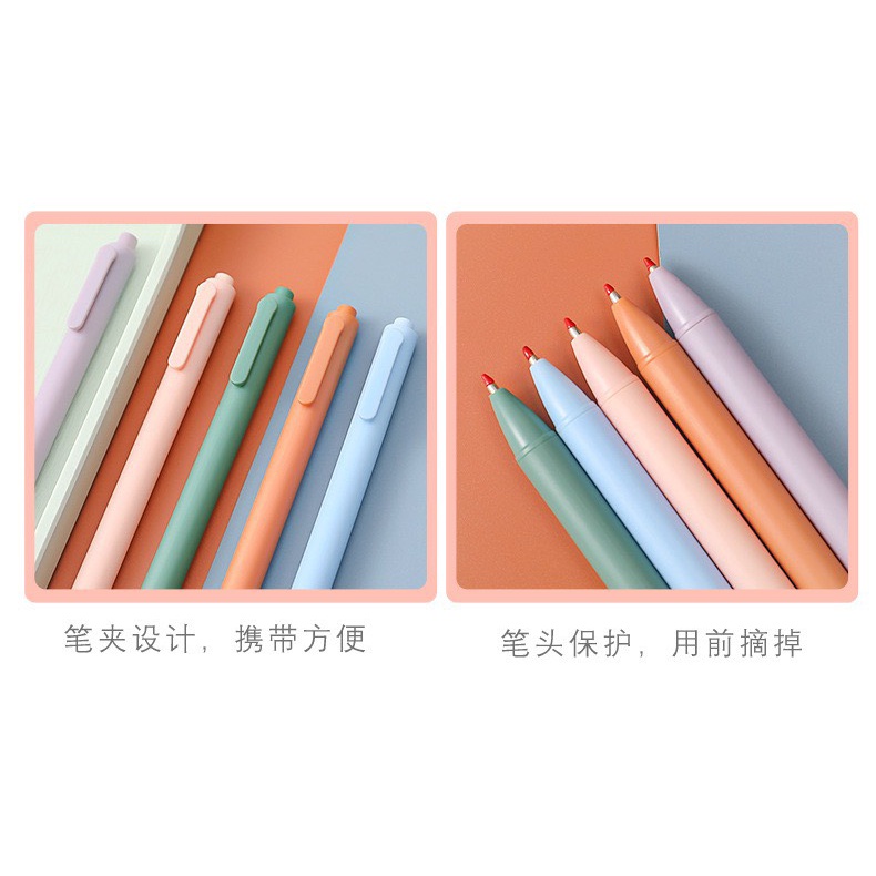 Set 5 Bút Gel Đen Vỏ Pastel Retro Nhám, Bút Gel Đen Ngòi Bấm 0.5mm - Phụ Kiện Văn Phòng Phẩm