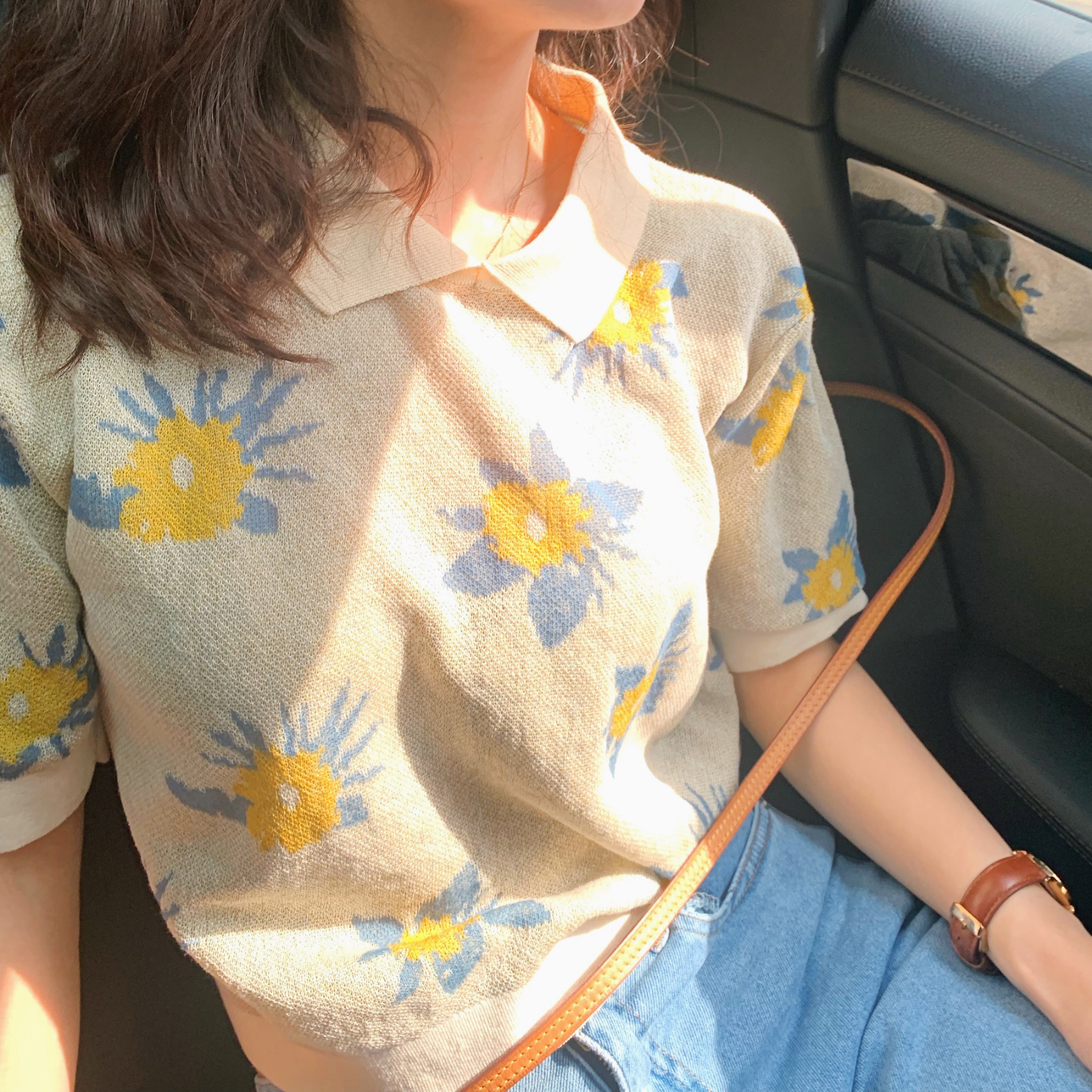 Áo Thun Tay Ngắn Cổ Polo Họa Tiết Hoa Xinh Xắn Phong Cách Retro