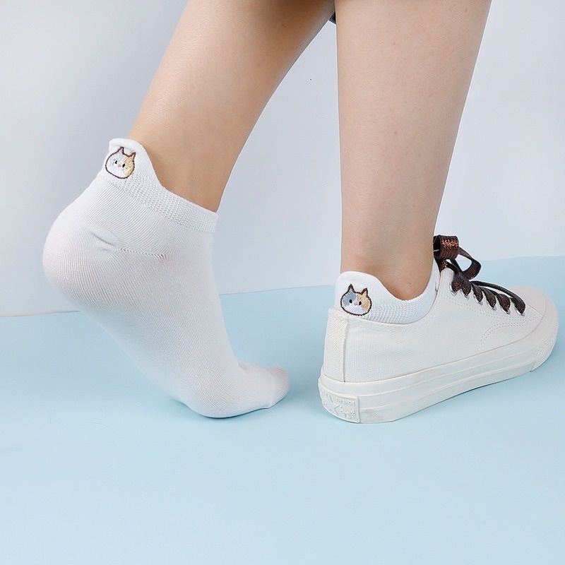 1 Đôi Vớ Cotton Cổ Thấp Mềm Mại Thêu Hình Mèo Dễ Thương Thoáng Khí Khử Mùi Cho Nữ