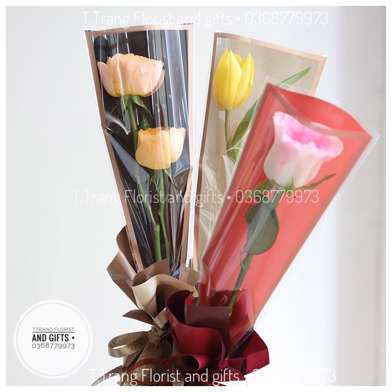 Set 10 túi bọc hoa 1 bông viền đồng gói hoa sáp hoa tươi hoa lụa...