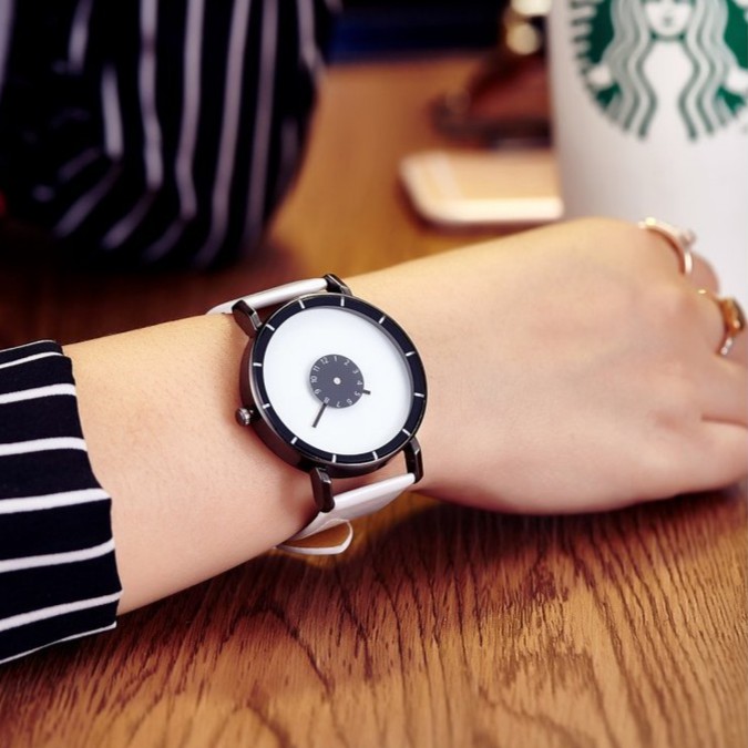 Đồng hồ Unisex mặt trắng đen dây da thời trang SP383 (Nhiều màu)