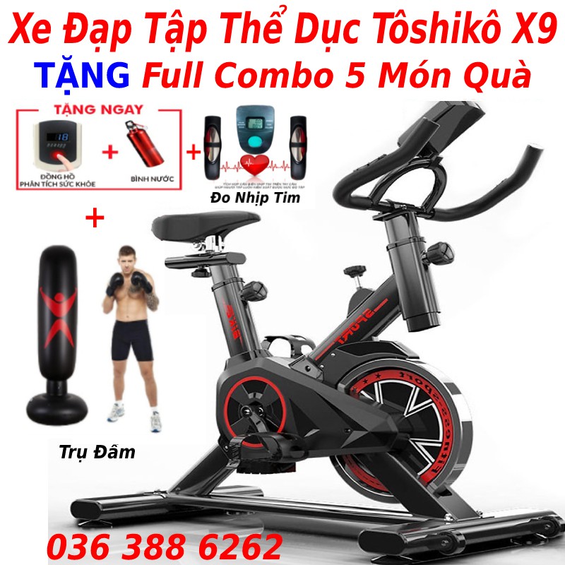 Xe đạp tập thể dục gym sport X9 tặng trụ đấm + giá đỡ điện thoại + đo nhịp tim + má phanh + đồng hồ, bảo hành xe 3 năm