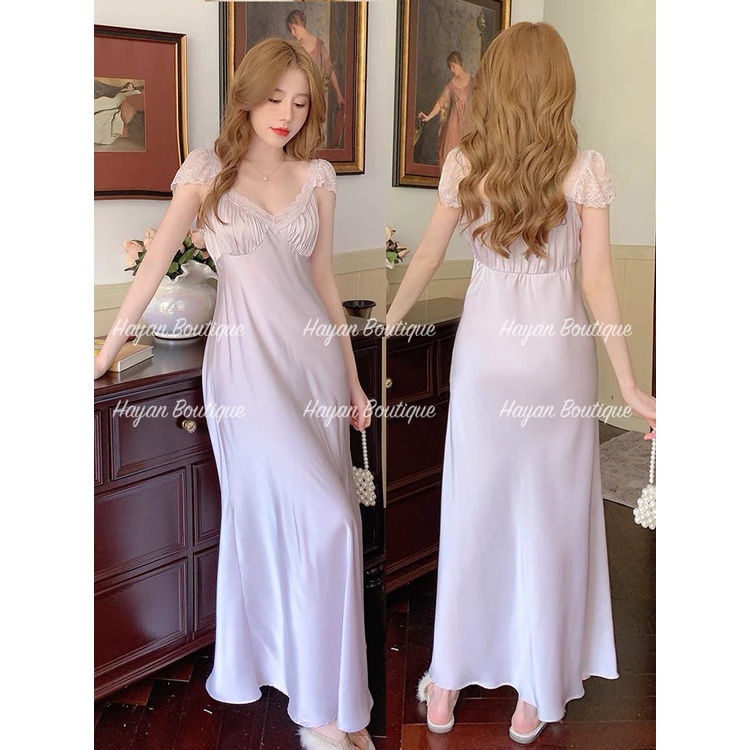HT94 Váy ngủ sexy tay lỡ phối ren công chúa, đầm ngủ lụa dáng suông thướt tha HT94