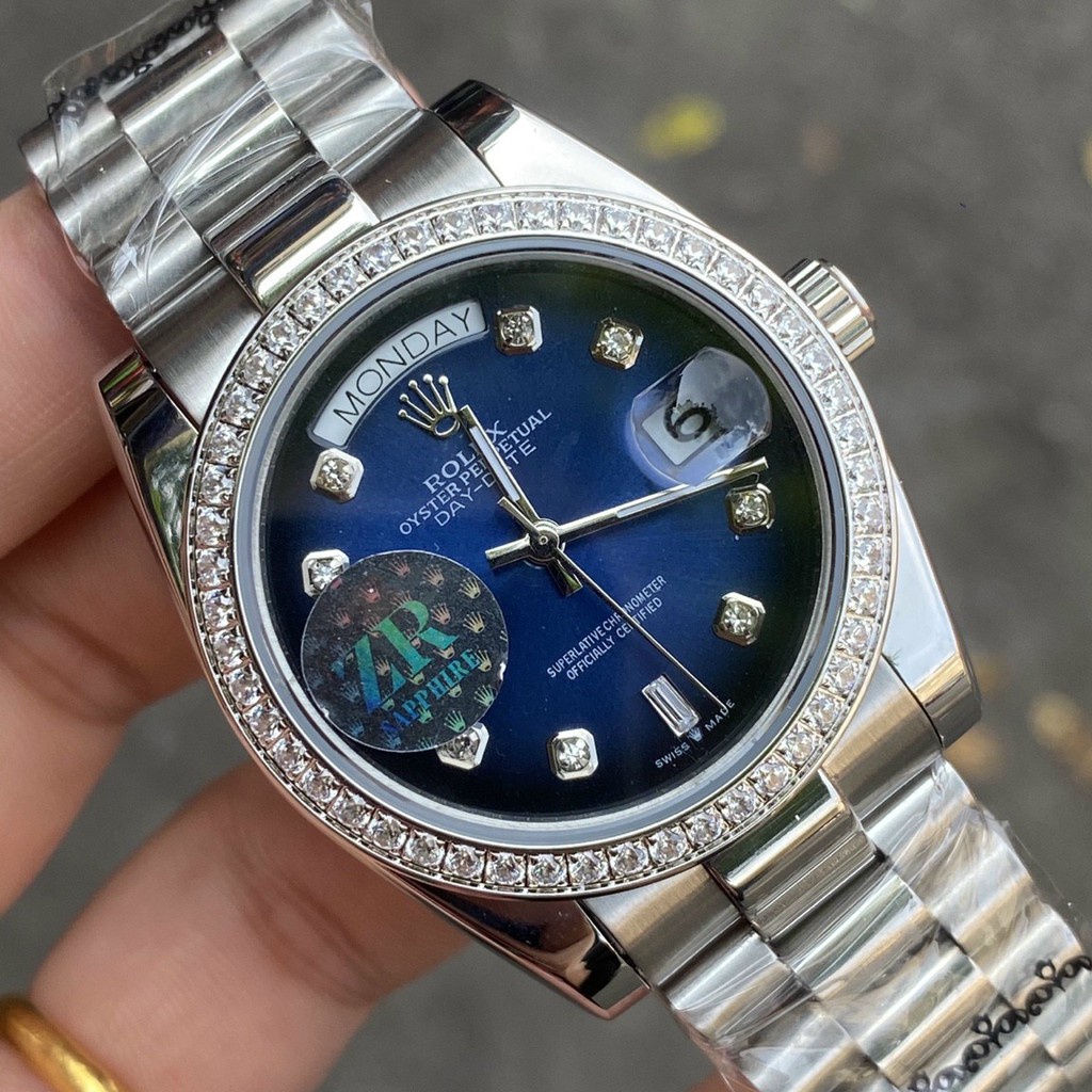 Đồng hồ Nam Rolex máy nhật mặt xanh vành đá 41mm dòng cơ Automatic day date