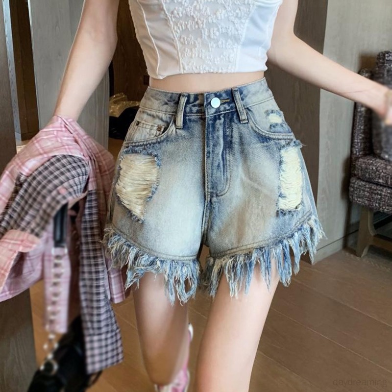 Quần Short Denim Mỏng Lưng Cao Dáng Ôm Kiểu Retro Hàn Quốc Cá Tính