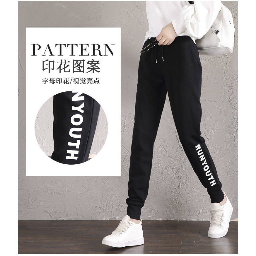 Quần dài thể thao dây rút eo màu đen bình thường dành cho sinh viên nữ