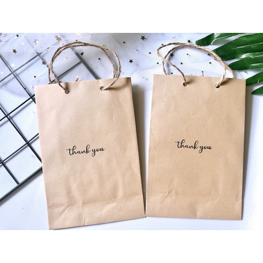 Túi giấy xi măng/kraft vintage giá rẻ có quai chữ Thank you 19 x 12.5 x 6cm
