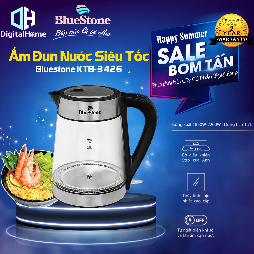 Ấm Đun Nước Bluestone KTB 3426, Dung Tích 1,7lit, Công Suấ 2200W, Bảo Hành Chính Hãng 2 Năm