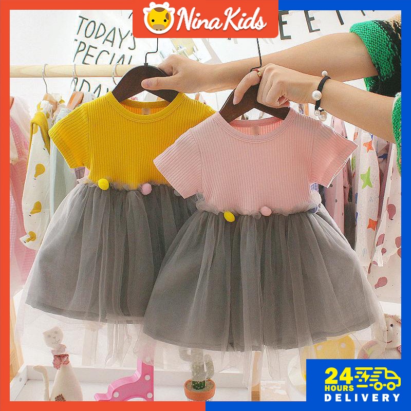 Đầm  tay ngắn chất liệu cotton phối lưới thời trang mùa hè cho bé gái 0-4 tuổi