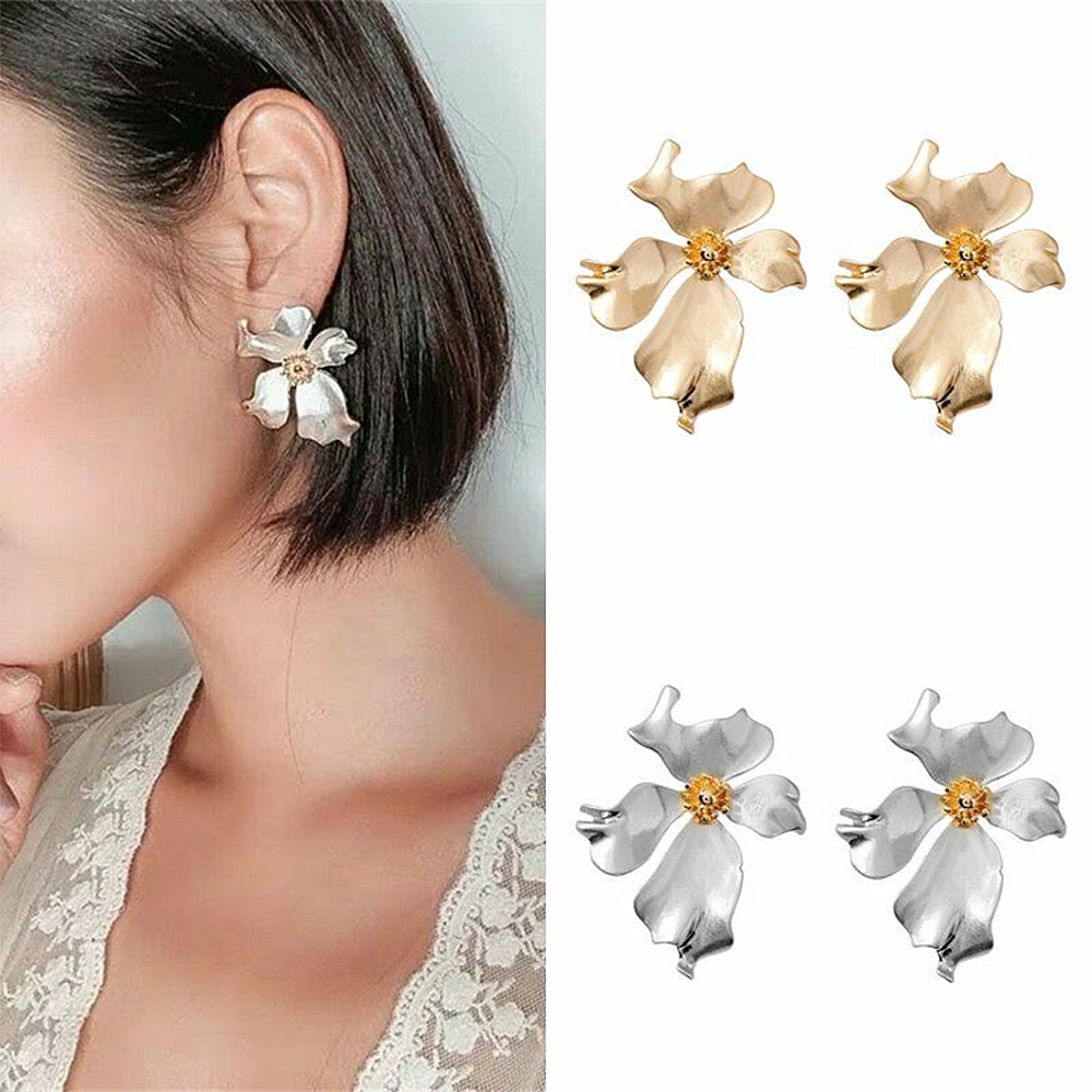 【COD】Khuyên Tai Hình Bông Hoa Lớn Màu Vàng/Bạc Thời Trang Dự Tiệc Cho Nữ