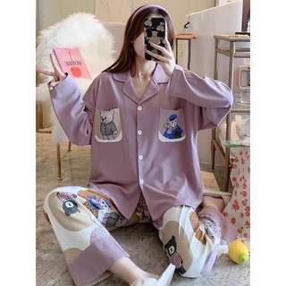 [MS 07] Đồ bộ tay dài pijama mặc nhà cổ vest hoạ tiết con gấu dễ thương