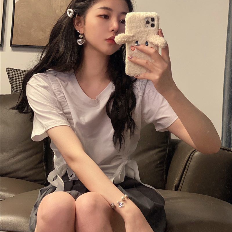 IELGY Áo thun ngắn in màu kiểu phương Tây dễ phối đồ