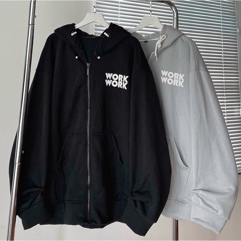 Áo Khoác Hoodie Phối Zip Unisex WORK Vải Nỉ Bông màu XÁM/ĐEN Form Rộng 🖤 Nam nữ unisex 🖤 Áo hoodie dây kéo July7store