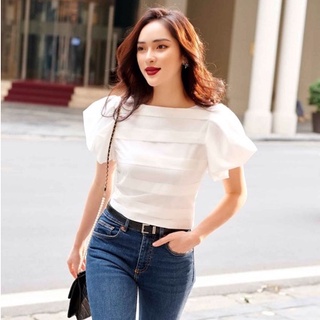 Áo sơ mi croptop cotton lụa tay phồng xếp ly ngang khóa sau HUONG BOUTIQUE - BSSM12
