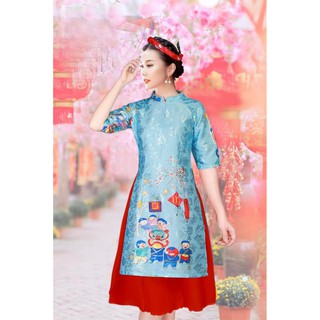 SET ÁO DÀI CÁCH TÂN GẤM HỌA TIẾT TẾT ĐOÀN VIÊN MÀU XANH Váy Đầm Quảng Châu Order