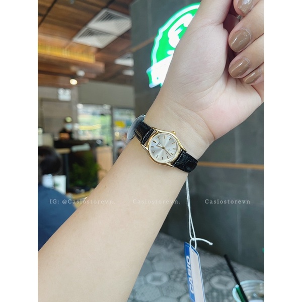 Đồng hồ nữ Casio LTP-1094Q-7A, đồng hồ chính hãng, dây da đen mặt ánh vàng, viền vàng