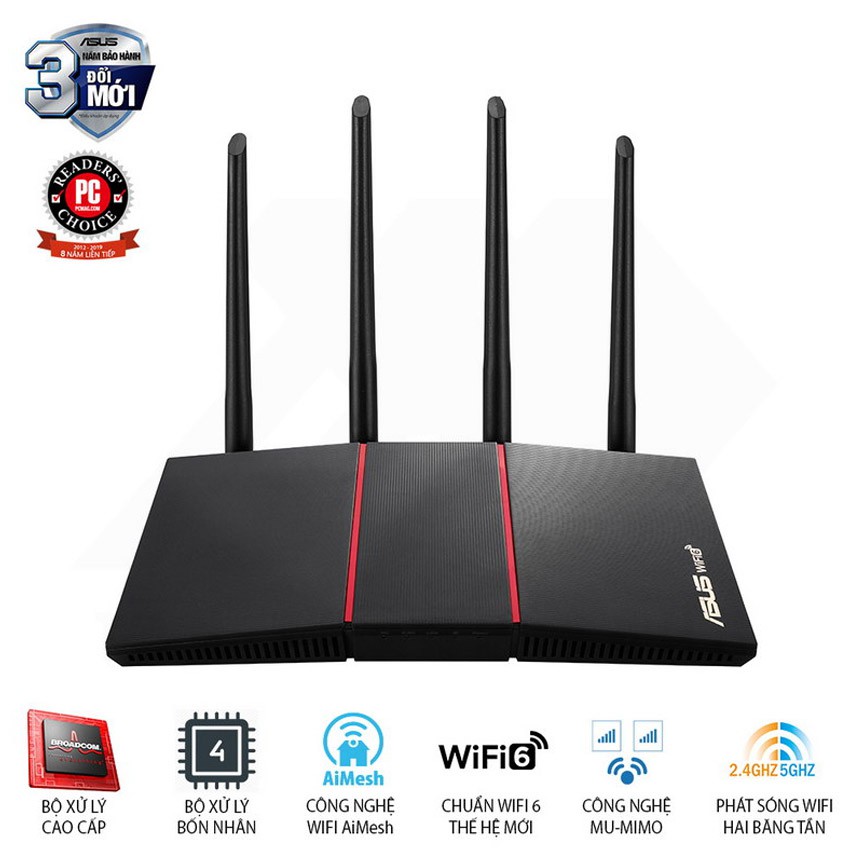 Bộ phát wifi 6 Asus RT-AX55 Băng tầng kép, Chuẩn AX1800, Chíp xử lý quad-core1,5Ghz