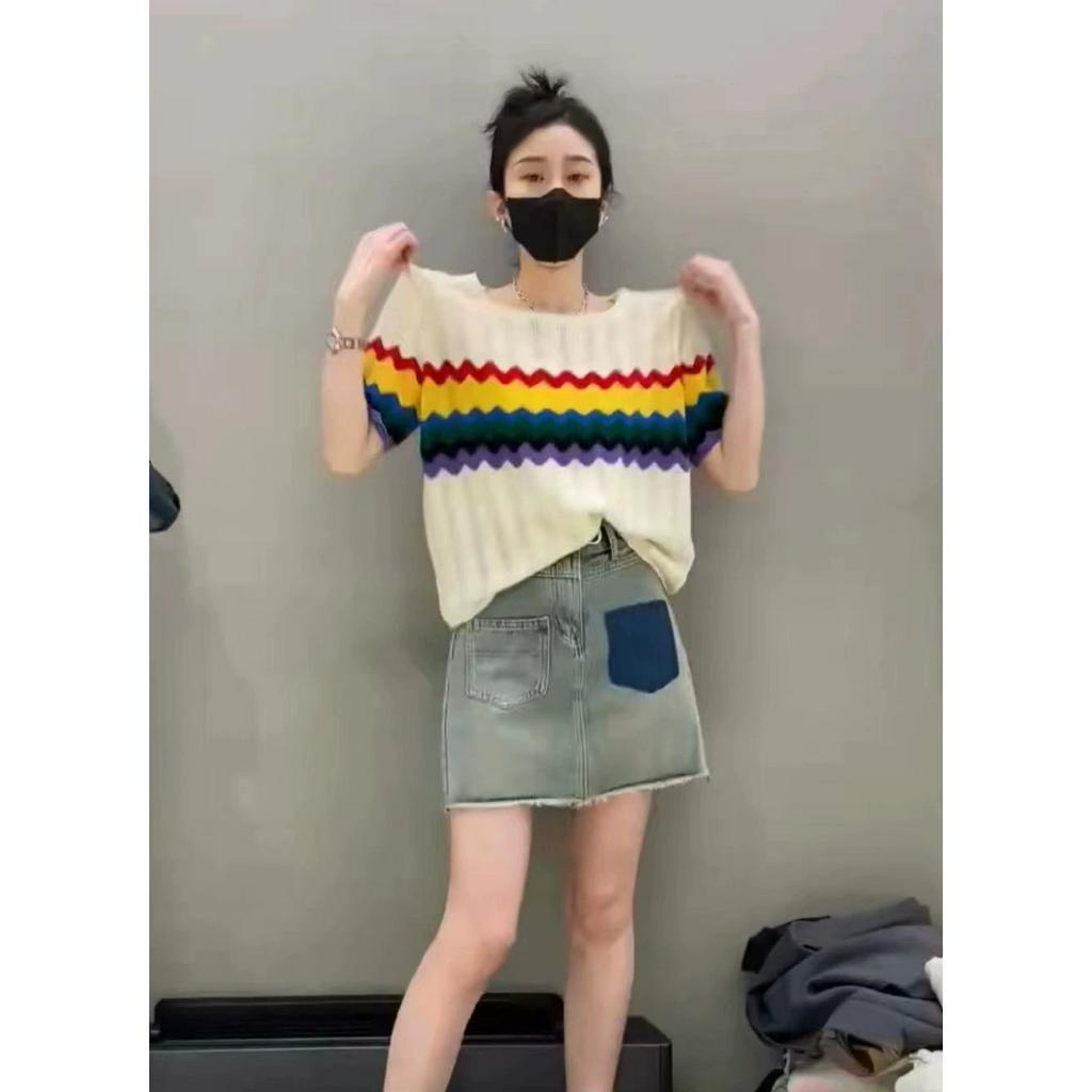 ZHELIHANGFEI Áo Dệt Kim Mỏng Tay Ngắn Dáng Rộng Họa Tiết Gợn Sóng Nhiều Màu Sắc Thời Trang Mùa Hè Cho Nữ