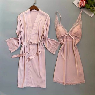 Set váy ngủ lụa và áo choàng ren cao cấp