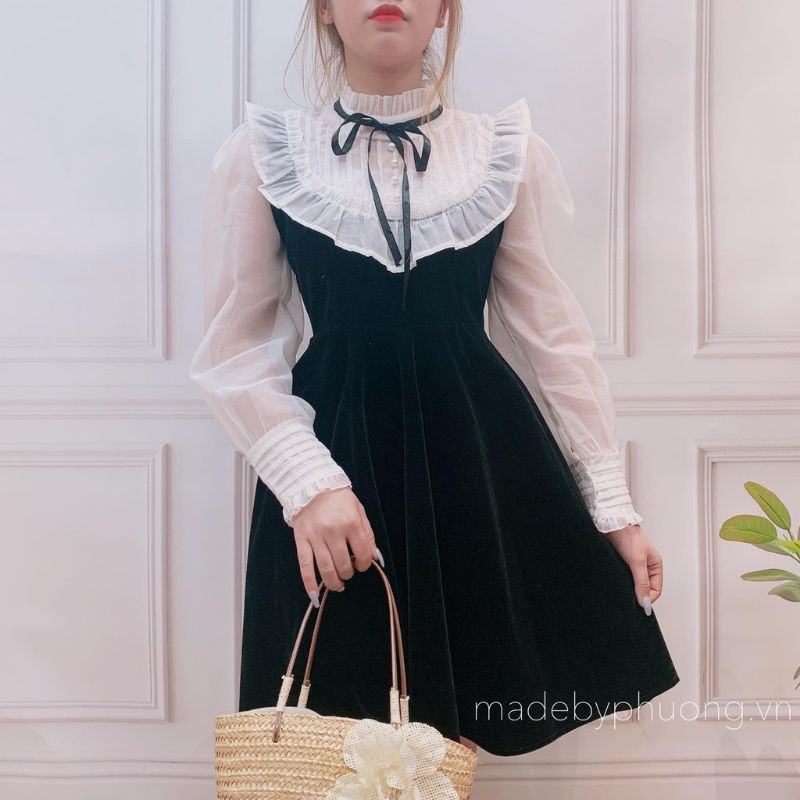 🌈VÁY NHUNG PHỐI TAY BÈO CỔ 📣