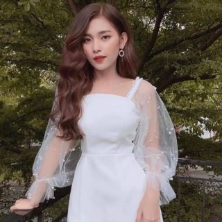 (Hình thật) Váy tay phồng cổ vuông công chúa